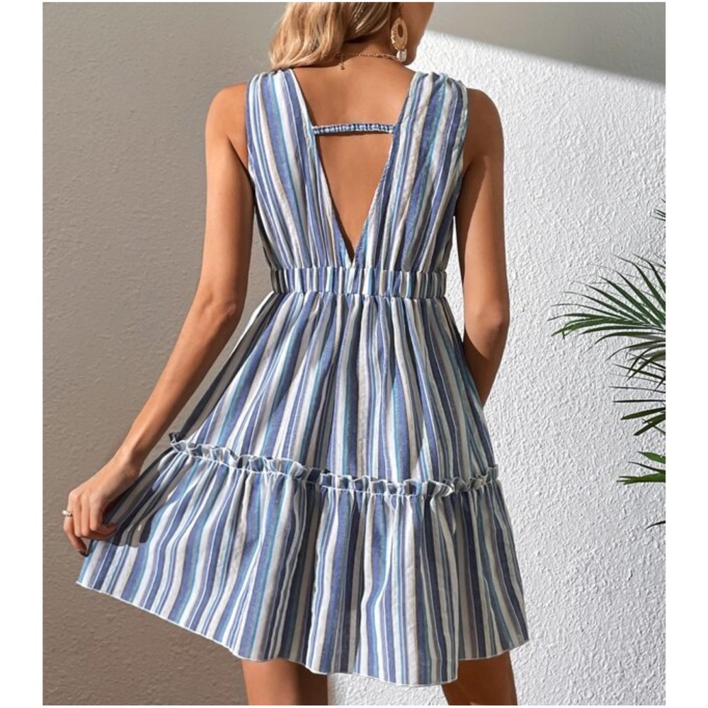 Boho Plunging Neck Striped Backless Mini Dress - Picture 3 of 4
